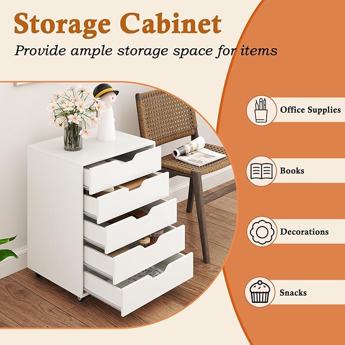 Giantex 5-Drawer Mobile Storage Cabinet with Wheels - Rolling Lateral Filing Under Desk Chest of Drawers, 19.5" x 16" x 25.5" Office Cabinet for Living Room, Study