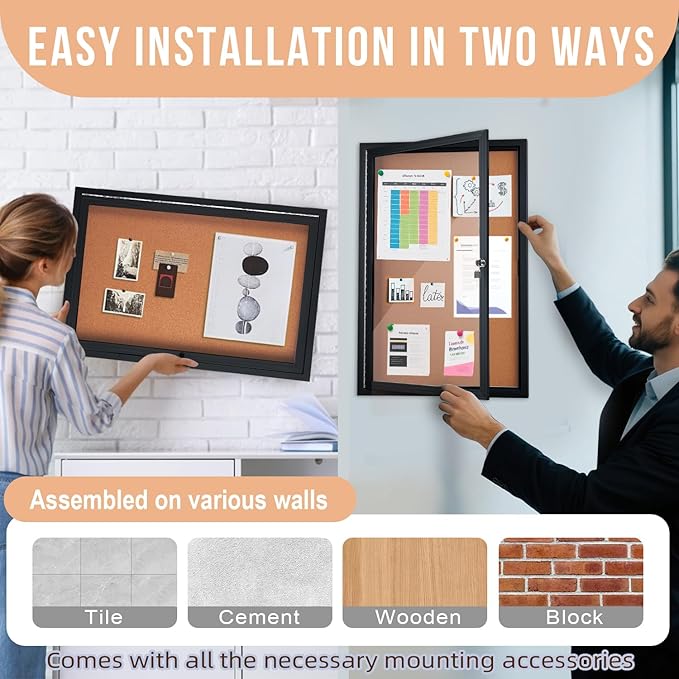 Homezelle Enclosed Cork Bulletin Board 36"x24" Outdoor Weatherproof Cork Noticeboard with Locking Door Wall-Mounted Black Aluminium Frame for Home, School, Office, Community, Hospital