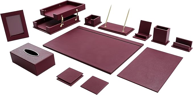 RitPin Desk Set，11-Piece Leather Desk Organizer Set, Executive Office Accessories with Desk Pad & Blotter, 2-Tier Tray, Pen Holder & More, Professional Office Desk Decor & Gift Set (Burgundy)