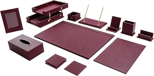 RitPin Desk Set，11-Piece Leather Desk Organizer Set, Executive Office Accessories with Desk Pad & Blotter, 2-Tier Tray, Pen Holder & More, Professional Office Desk Decor & Gift Set (Burgundy)