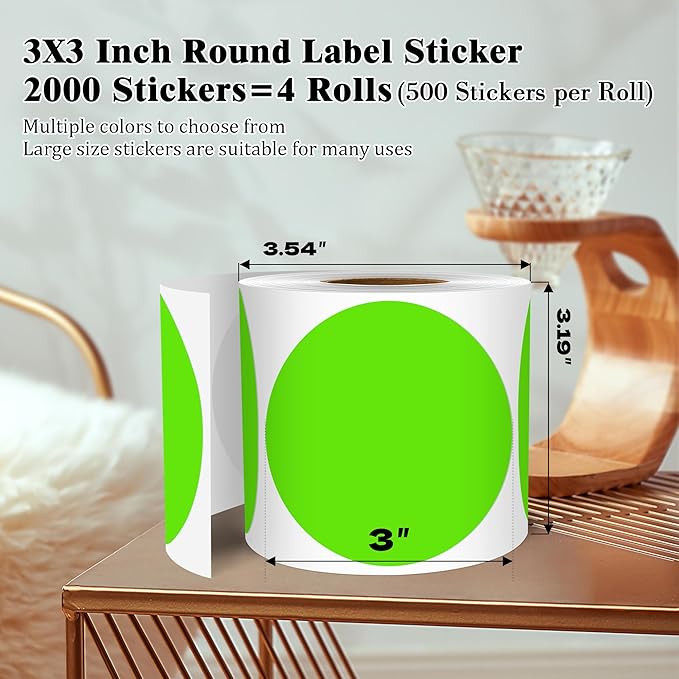 3 Inch Round Colored Dot Stickers, 2000 PCS, 4 Rolls in Dispenser Box - Light Green Circle Color Coding Labels Dot Labels for Office, Home, Inventory Organizing