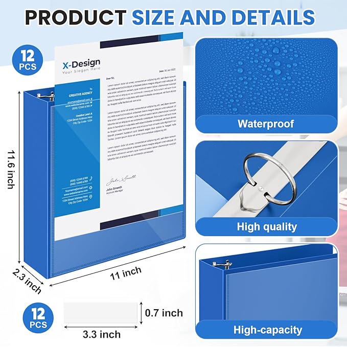 Henoyso 12 Pcs 3 Ring 2 Inch Binders Fits 8.5 x 11 Inch Letter Size Paper, Plastic Blue Flexible Binders with View Cover and 2 Pockets, 375 Sheets Capacity for Office School