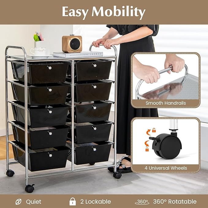LDAILY 10 Drawer Rolling Cart, Storage Cart Organizer on Wheels, Drawer Cart with Metal Frame & Large Storage Capacity, Rolling Cart with Drawers for Living Room Classroom, Office