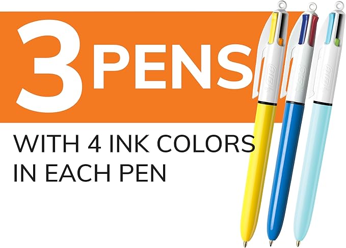 BIC 4-Color Retractable Ballpoint Pen, Long-Lasting Ink and Comfortable Wide Barrel, 3-Count Pack in Assorted Ink