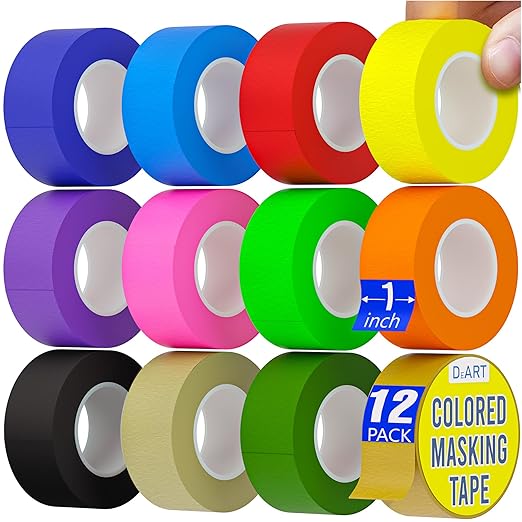 Colored Masking Tape 12 Pack 1 inch Color Painters Tape for Arts & Crafts Labeling, Coding, Art Supplies, Whiteboard Tape, Craft Supplies DIY Classroom School Wire Management Scrapbook Decoration