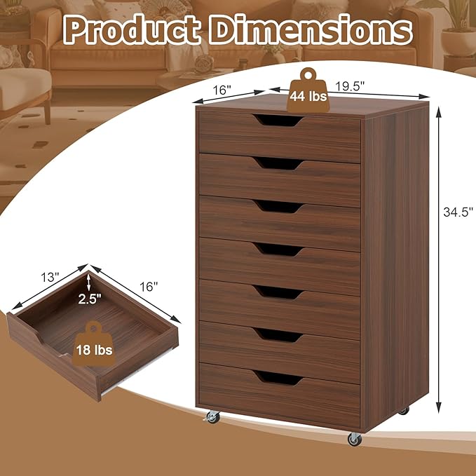 Giantex 7-Drawer Storage Cabinet, Mobile File Organizer with 4 Universal Casters, Wooden Vertical Filing Cabinet on Lockable Wheels for Office, Study, Living Room (19” x 15.5” x 34.5”,Walnut)