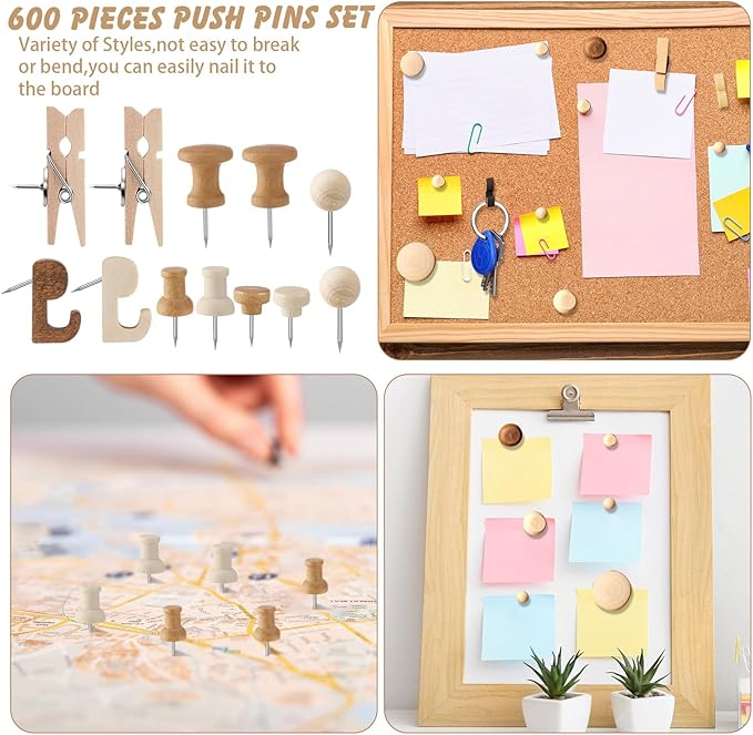 600 Pcs Decorative Push Pins, Wood Brown Thumb Tacks 6 Types Cute Push Pin Clips for Bulletin Board Wall Cork Board Colorful Classroom Decor Teacher Must Haves Supplies School Crafts Project