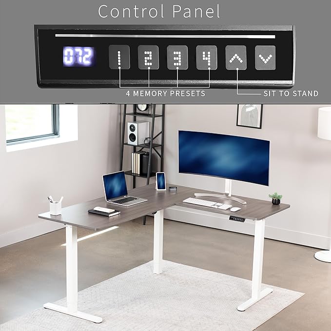 VIVO Electric Corner 63 x 55 inch L-Shaped Standing Desk, Memory Height Adjustment, Dark Gray Top White Frame, DESK-E3CTWG