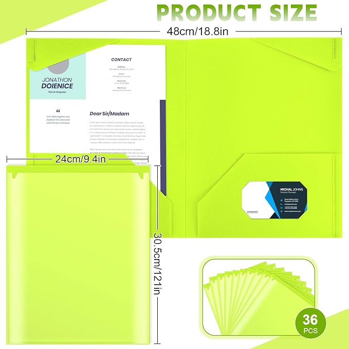 Henoyso 36 Pcs Plastic Folders with Clear Front Pockets Heavy Duty File Folders with 2 Pockets and Card Slot for Student Communication School Office Presentation Report (Fluorescent Green)