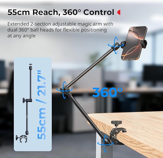SMALLRIG Desktop Magic Arm Support with Crab-Shaped Clamp Kit, Aluminum Alloy, 24.3x4.5x1.1 in, 0.6lb Payload, for Smartphones, Webcams, Action Cameras, 5624
