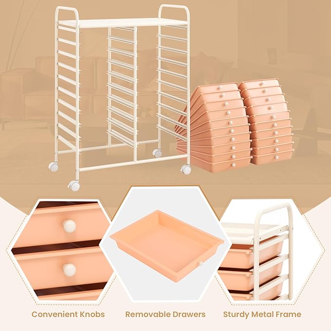 Happygrill 20-Drawer Organizer Cart Tools, Mobile Utility Storage Cart with Removable Drawers & Lockable Wheels, Rolling Storage Cart with wheels for Home Office School (Peach Fuzz)