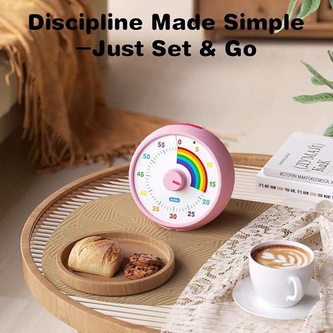Visual Timer for Kids, 60-Minute Countdown Timer for Classroom Office Kitchen, Desk Timer Kids Time Management Tools with Silent Operation, Pomodoro Time Rainbow Pattern (Pink)