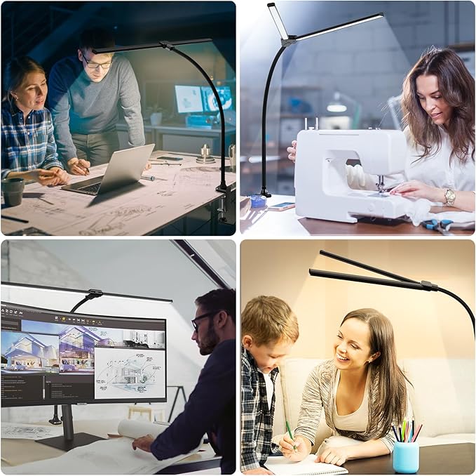 ShineTech Led Desk Lamp for Office Home, Bright Double Head Desk Light with Clamp, Architect Task Lamp 50 Lighting Modes Adjustable Flexible Lamp