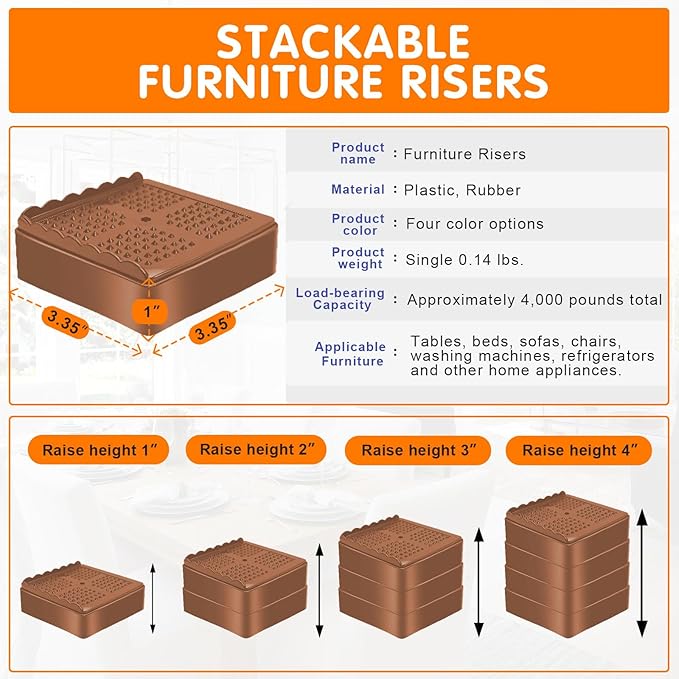 Furniture Risers, 4 Pack Bed Risers with Non-Slip Grip and Heavy Duty Support, 1 Inch 2 Inch 3 Inch 4 Inch Height Lift for Couch, Sofa, Table, Desk, Chair, Refrigerator - Brown, 1+1+1 Inch