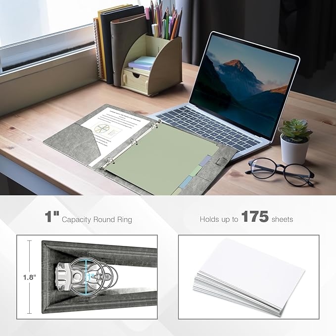 Ospelelf Vintage Hardcover 3 Ring 1 inch Leather Binder, Professional Binders Organizer Suitable for Letter Size Documents, Binder Dividers with Tabs, Faux Gray Leather