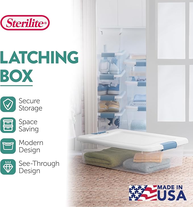 Sterilite 24-Pack Latching Box, Under Bed Storage Bins with Lids, Clear Plastic, 32 Quart - Heavy-Duty Organizing Containers for Closet, Bathroom, and Office