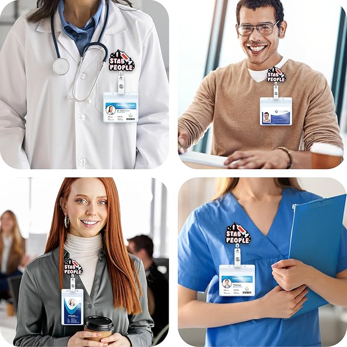 I Stab People Funny Nurse Badge Reel, Retractable ID Card Phlebotomist Badge Holders, Medical Badge Clip for RN LPN CRNA ICU ED Blood Draw Lab Resident Physician Phlebotomy Department, Nurse Gifts