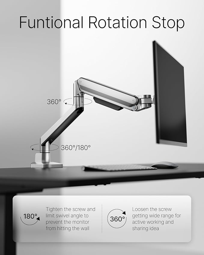 monTEK Deluxe Monitor Arm up to 40 Inch Holds 26.4 lbs Curved Screens Aluminum Fully Motion Adjustable Single Monitor Stand with Clamp/Grommet Desk Mount, Quick Release Plate,75/100mm VESA, MA1008SL