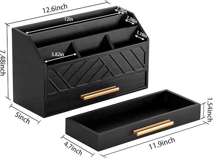 dreampossible Black Wood Desk Organizer and Accessories with Drawer, Bill Mail Organizer and File Mail Holder for Office Supplies, Modern Desk Accessories & Workspace Organizers for Desk Organization