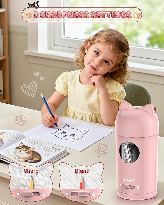 AFMAT Electric Pencil Sharpener, Pencil Sharpener for Classroom, Auto in & Out, Fully Automatic for φ7-8mm Pencils, Rechargeable & Cordless, Kids Pencil Sharpeners for Classroom Home School PSX9