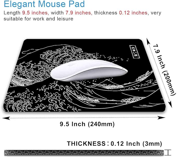 IMAYONDIA Japanese Great Wave Mouse Pad, Black Anime Gaming Mouse Pad, Kanagawa Mousepad, Non-Slip Rubber Base Computer Mice Pad for School Home Office, 9.5 x 7.9 Inch