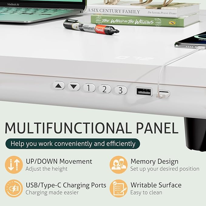 Furmax Electric Standing Desk with Drawers, Adjustable Height Home Office Sit Stand Desk with One-Piece Desktop & USB Charging Port for Computer Desks (White Desktop, 55 Inch)