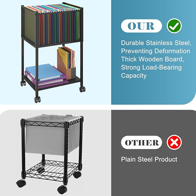Sbanmao Letter/Legal Rolling File Cart, Narrow Mobile File Cabinet with Wheels Hanging Files, Metal Hanging File Folder Cart File Organizer Under Desk Storage for Home Office, Black