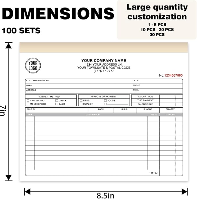 Custom Invoice Book with Logo 50 Set Personalized Receipt Books Customized Invoices for Small Business 3 - Parts Carbonless Duplicate Invoice Forms NCR Books