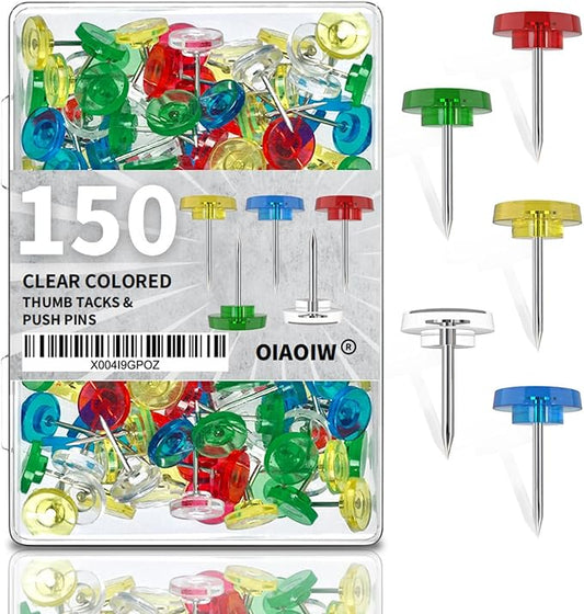 150 PCS Colored Push Pins for Wall Thumb Tacks for Walls Flat thumbtacks Push pin for Bulletin Board Shadow Box Display Thumbtack for Cork Board (Clear Colored)