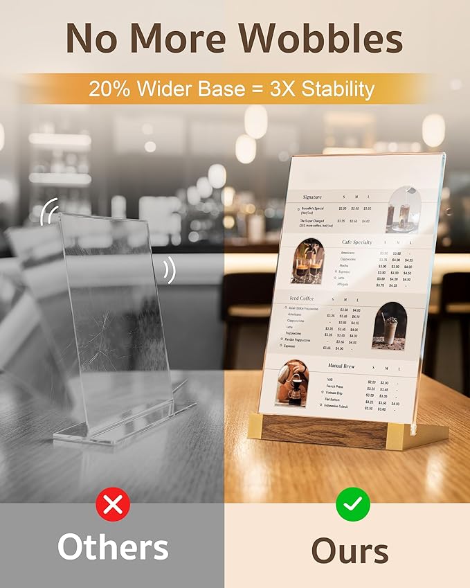 1 Pack Acrylic Sign Holder 8.5 x 11 Inch with Walnut Wood Base, Clear Tabletop Acrylic Display for Menu & Flyer Holder, Commercial Table Frames for Restaurant, Office, Coffee, Bar, Wedding, Hotel