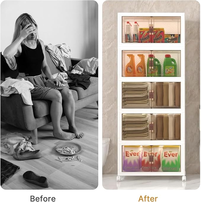 UAMFURI Extra Large Stackable Storage Bins with Lids & Wheels & Door, 448QT-112QT/28GAL*4Pack Foldable Collapsible Closet Organizers, Plastic containers drawers for bedroom Dorm