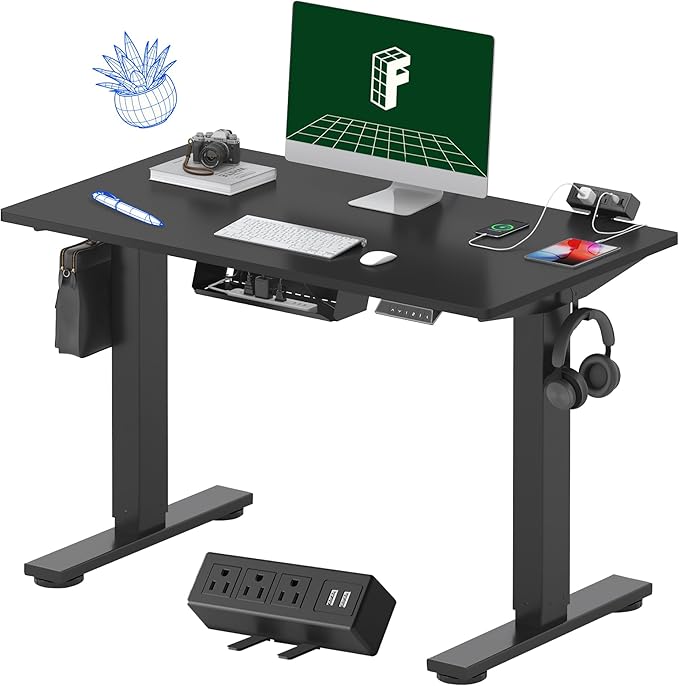 FLEXISPOT EN2 Whole-Piece Standing Desk with Clamp Power Strip, 40 x 24'' Electric Stand Up Height Adjustable Desk with Cable Management (Black Frame + 40" Black Top)