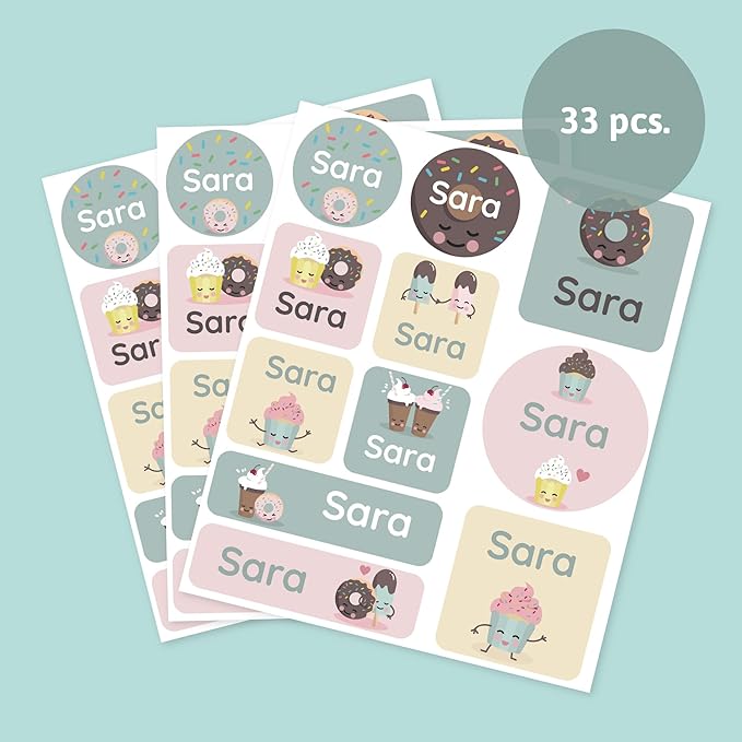 Large Name Labels for Kids (33) - Custom Stickers for Daycare and School Supplies - Durable, Waterproof Stickers for Water Bottles, Lunch Boxes, and More with Unique Designs - Sweets