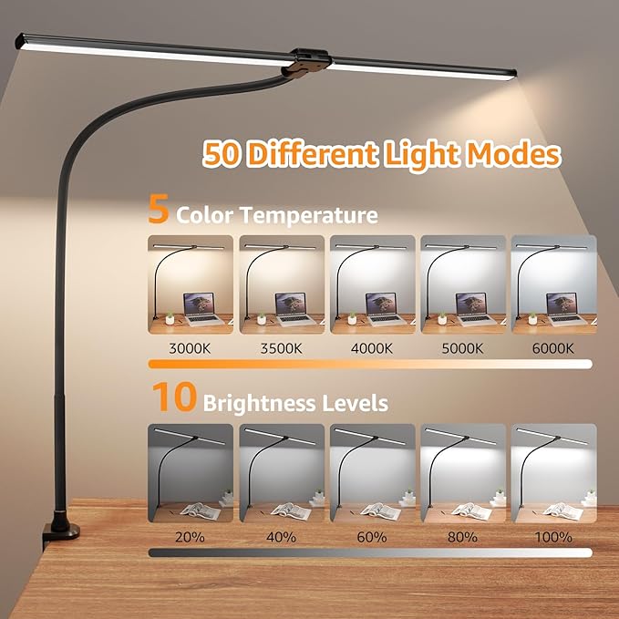 ShineTech Led Desk Lamp for Office Home, Bright Double Head Desk Light with Clamp, Architect Task Lamp 50 Lighting Modes Adjustable Flexible Lamp