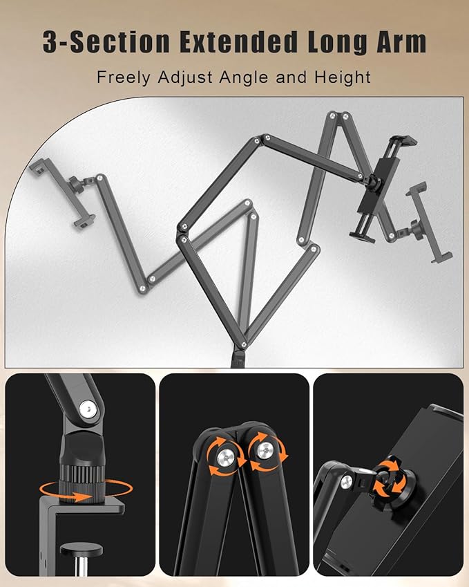 Tablet Stand for Desk/Bed, Adjustable iPad Holder Clamp Mount, Foldable Tablet Arm, 360° Rotation, Compatible with 5.7''-15.6'' IPhone, iPad Pro, Air, Mini, Kindle, Galaxy Tab, Nintendo Switch