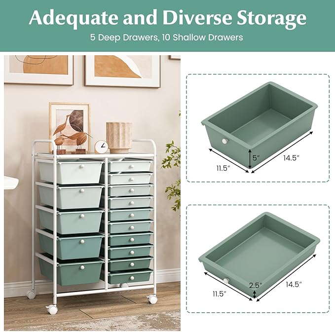 COSTWAY 15-Drawer Rolling Storage Cart, Mobile Utility Cart with Heavy-duty Frame & Lockable Wheels, Multipurpose Storage Organizer for Paper, Office, School, Green Gradient