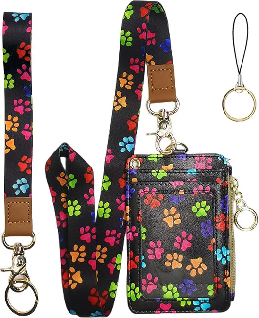 Bolimoss Cute Dog Paw Print ID Card Holder with Lanyard and Keychain for Women, School, Teacher, Nurse, Office Work