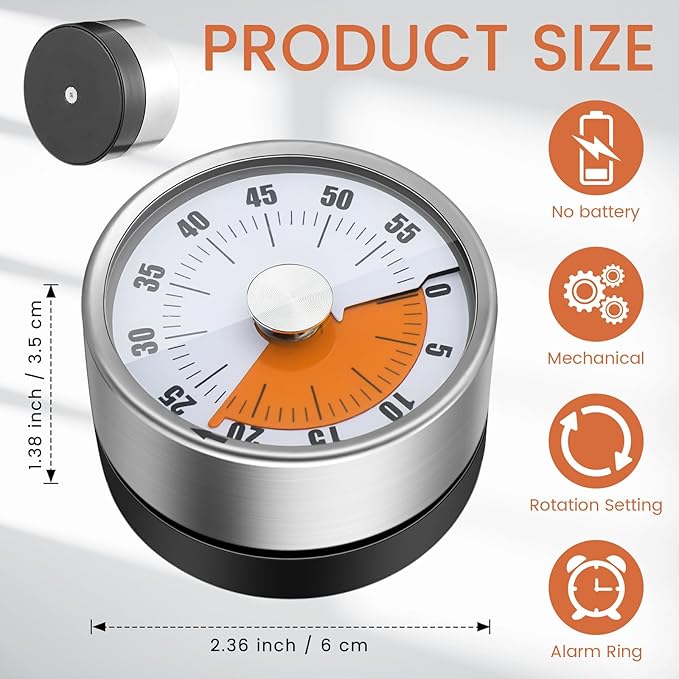 6 Pcs 60 Minute Visual Kitchen Timer Small Classroom Timers with Loud Alarm Stainless Steel Mechanical Timers for Classroom Desk Teaching Chef Countdown Egg Baking Office Cooking(White)