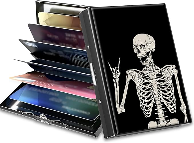 BWEGRHE Slim Credit Card Holder, Skull Skeleton RFID Blocking Metal Wallet for Men & Women, Aluminum Minimalist Hard Case Pocket-Sized Business Cards Organizer (Fits Up to 10 Cards)