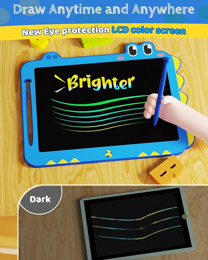 Kikapabi LCD Writing Tablet for Kids, 12 inch Dinosaur Doodle Board Toys Gifts for Boys Girls Age 3 4 5 6 7 Year Old, Mess-Free Drawing Pad Portable Learning Travel Toy Birthday Christmas Gift Blue