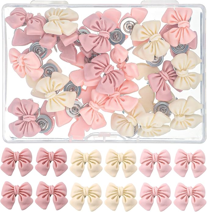 30 Pcs Bow Push Pins, Cute Bow Push Pins, Pink and Cream Yellow Decorative Thumb Tacks for Cork Board, Bulletin Board, Photo Wall, Posters, Map, Office, School Decor (Bows)