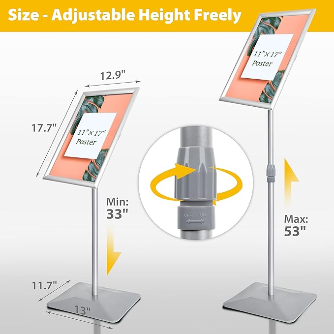 VAIIGO 11"x17" Pedestal Poster Sign Holder Stand with Heavy Duty Solid Steel Base, Adjustable Sign Holder Standing Floor Sign Stand for Office/Store/School/Church/Public Sign Displayed Stands, Silver