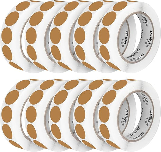 Perco Kraft Brown 1-Inch Perforated Circle Dot Sticker Labels — 10 Rolls, 10,000 Round Stickers — Natural, Cardboard-Like Surface with Permanent Adhesive for Organizing, Crafting & More—Made in USA