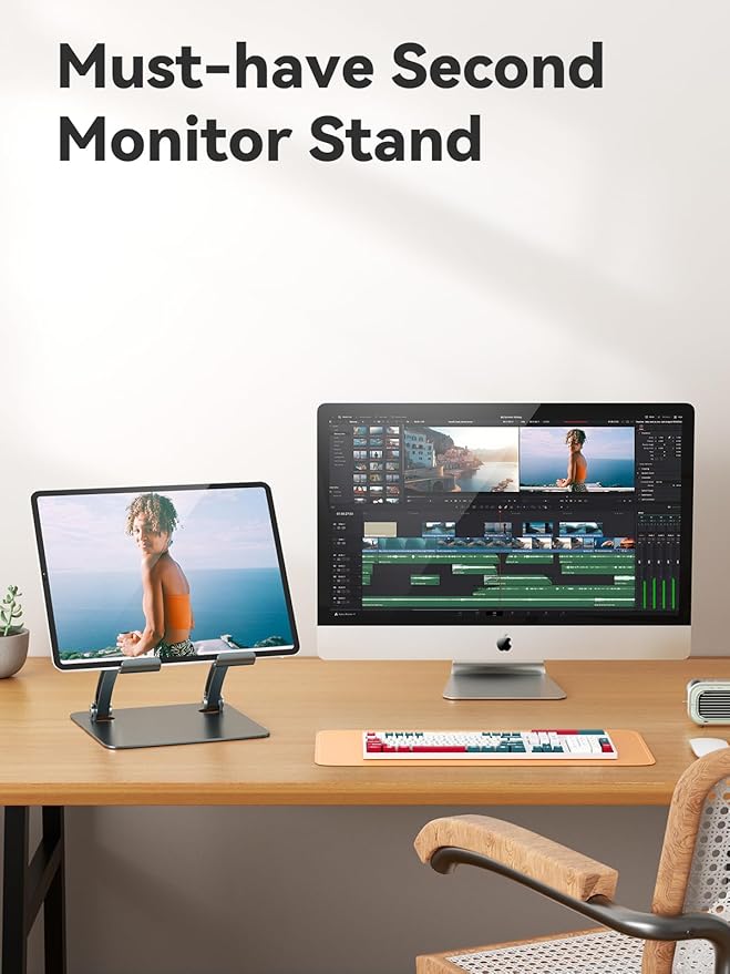 tounee Tablet Holder Stand, Dual Rod Adjustable Aluminum Desktop Stand, Compatible with 4.7-16.9" iPads, Surface Tablets, Portable Monitors, Kindle & More (Gray)
