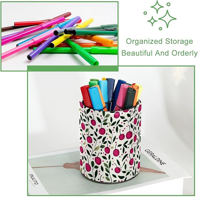 Leather Pen Holder for Desk, Cherry Pattern Pencil Cup Desktop Organizer Makeup Brush Holders Office Supplies for Home, Kids & School