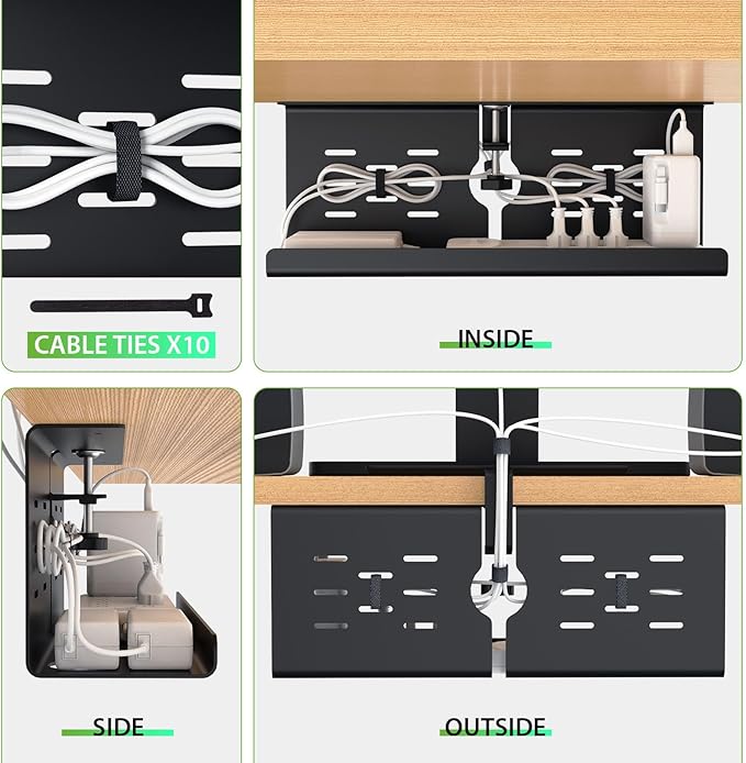 KEEGH 16" Under Desk Cable Management Tray, Desk Cord Organizer Upgrade Capacity, Drill Free Clamp/Screw Mount, Sturdy Metal Tray for Connect Cables, Home, Office, 1 Pack, Black