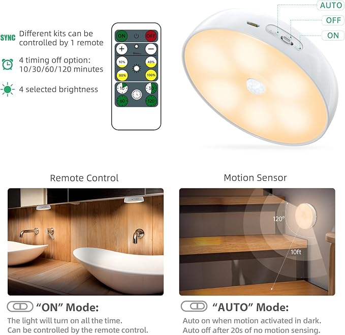 Warm Color LED Closet Lights Motion Sensor Step Light, USB Rechargeable Battery Operated Puck Lights, Dimmable Under Cabinet Counter Lighting for Wardrobe Kitchen (3 Pack)
