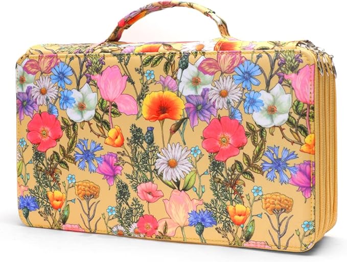 Colored Pencil Case - Large Capacity Colored Pencil Holder with Zipper Closure Twill Fabric Pencil Case for 300 Colored Pencils or 200 Gel Pen, Pencil Case Organizer for Artist (Yellow Flower)