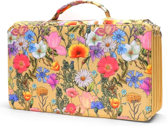 Colored Pencil Case - Large Capacity Colored Pencil Holder with Zipper Closure Twill Fabric Pencil Case for 300 Colored Pencils or 200 Gel Pen, Pencil Case Organizer for Artist (Yellow Flower)