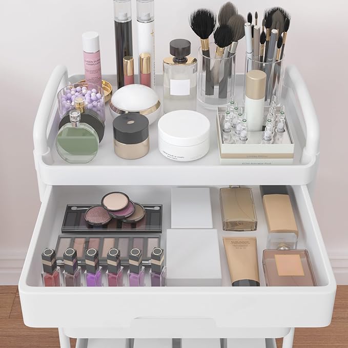 Calmootey 4-Tier Rolling Utility Cart with Drawer,Multifunctional Storage Organizer with Plastic Shelf & Metal Wheel,Storage Cart for Kitchen,Bathroom,Living Room,Office,White